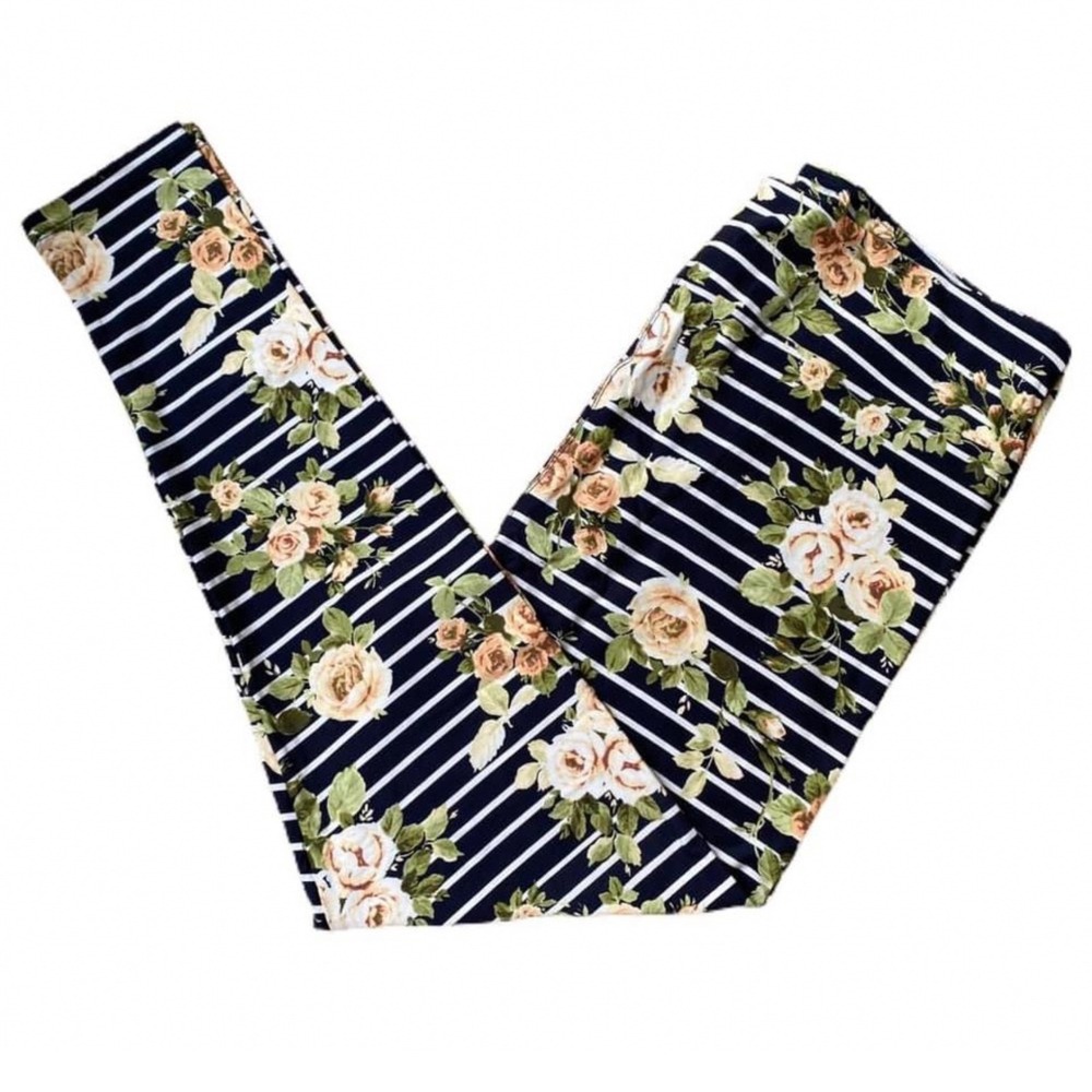 LuLaRoe Womens Leggings Navy Blue Striped‎ Yellow Floral Rose Tall & Curvy NWT